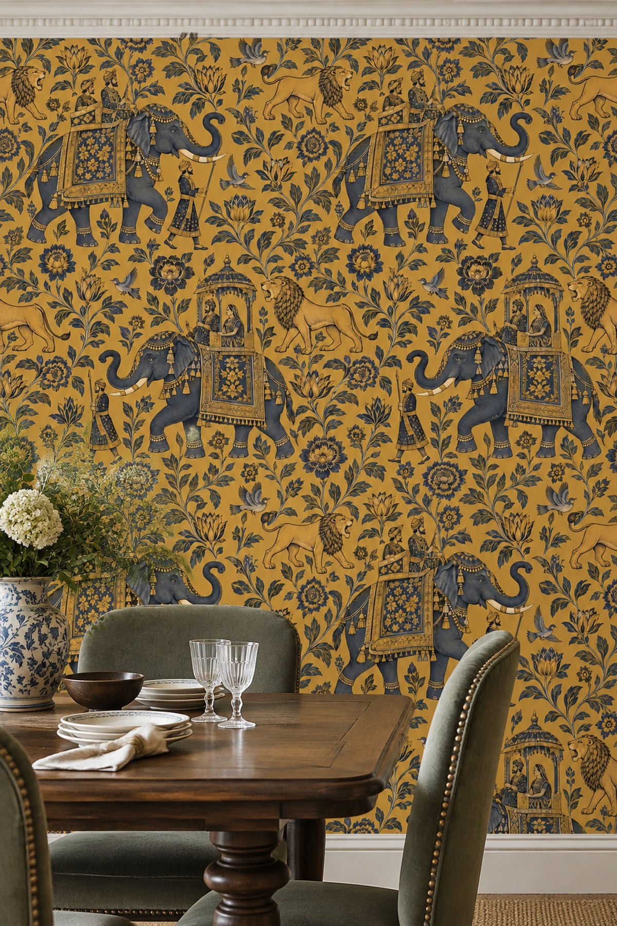 Royal Elephant Procession Wallpaper Gold Background Vintage Inspired Toile