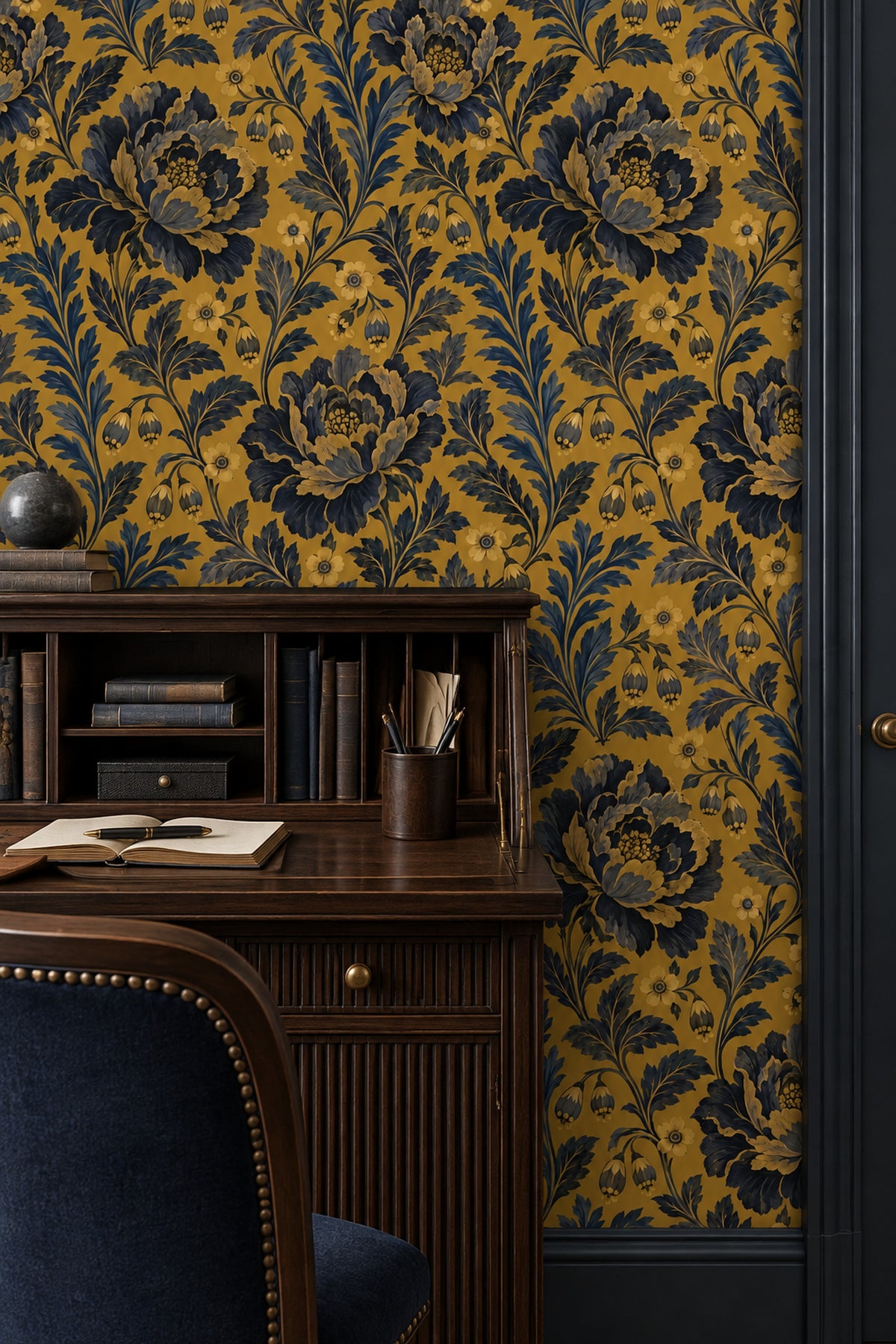 Peony Flowers Wallpaper Mustard Gold With Navy Leaves