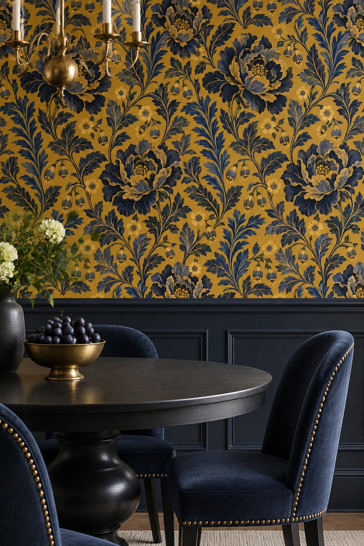 Peony Flowers Wallpaper Mustard Gold With Navy Leaves