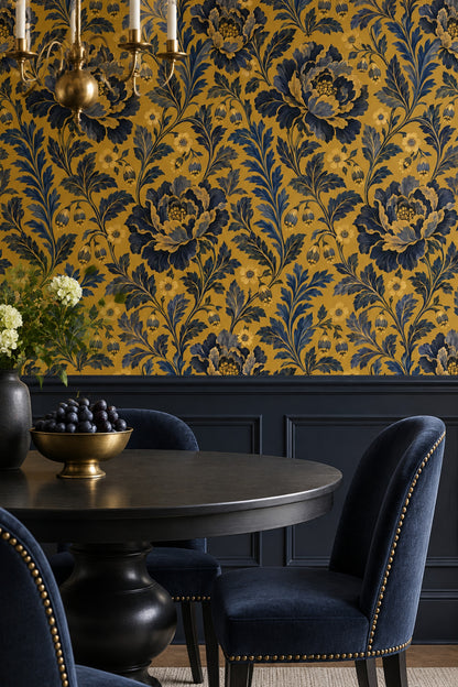 Peony Flowers Wallpaper Mustard Gold With Navy Leaves