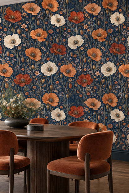 Poppies Wallpaper Vintage Inspired Botanical On Dark Navy Background