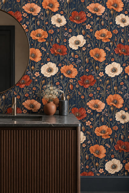 Poppies Wallpaper Vintage Inspired Botanical On Dark Navy Background