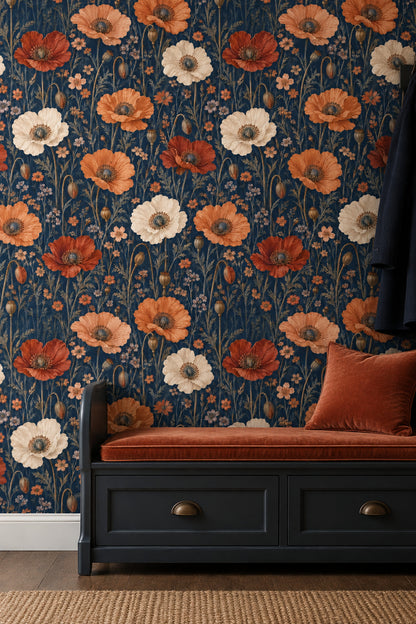 Poppies Wallpaper Vintage Inspired Botanical On Dark Navy Background
