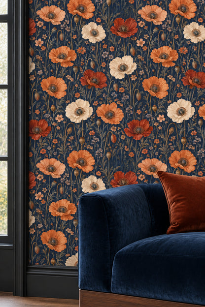 Poppies Wallpaper Vintage Inspired Botanical On Dark Navy Background