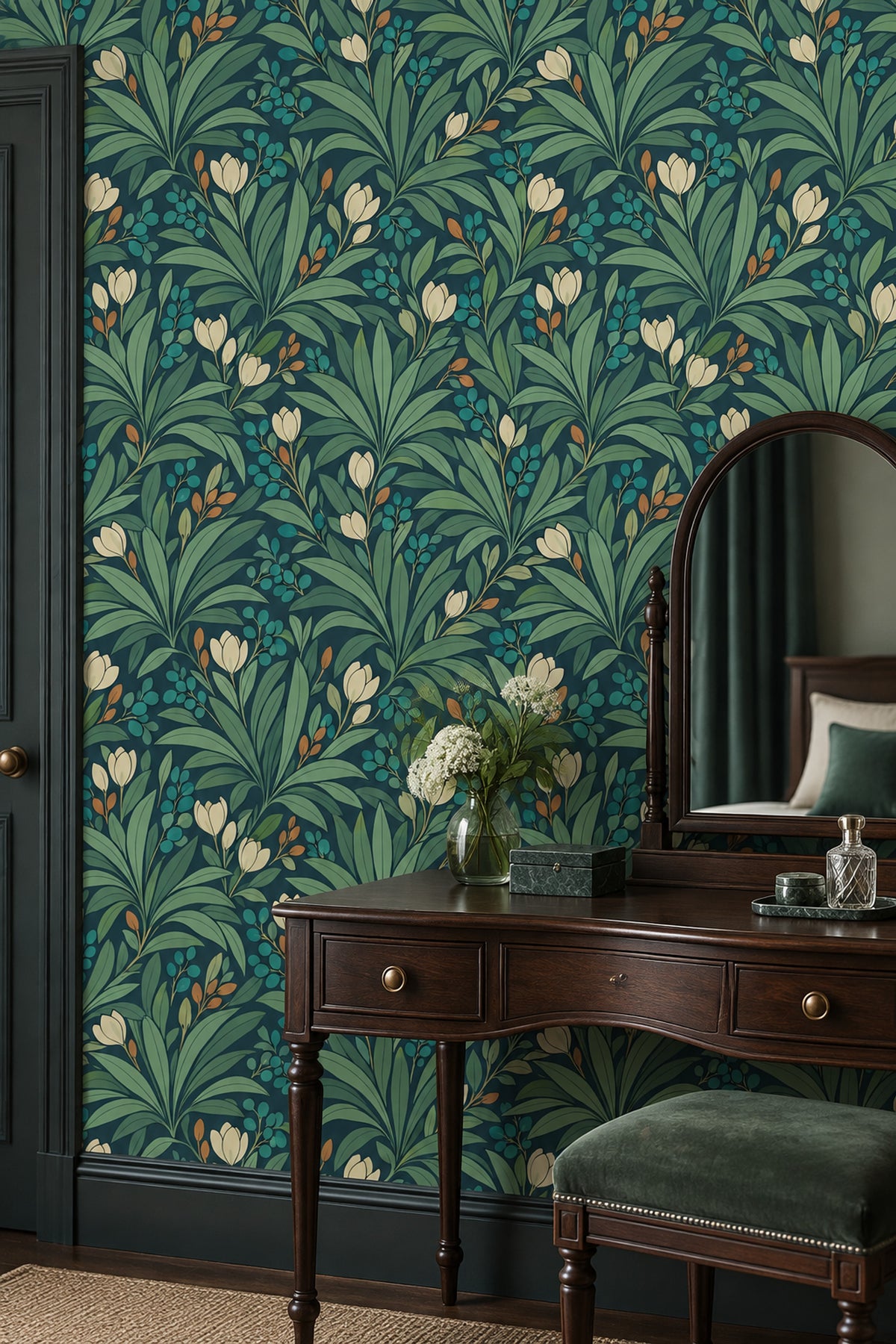 Tropical Leaves And Cream Flowers Wallpaper Muted Green Teal Berries