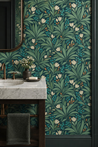 Tropical Leaves And Cream Flowers Wallpaper Muted Green Teal Berries