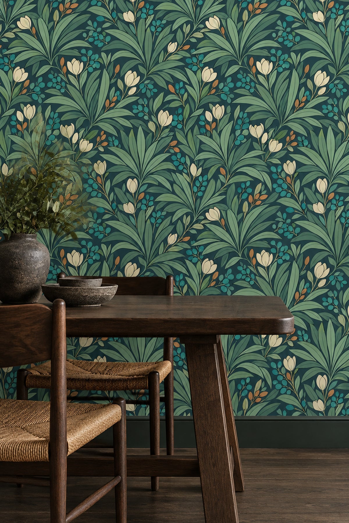 Tropical Leaves And Cream Flowers Wallpaper Muted Green Teal Berries