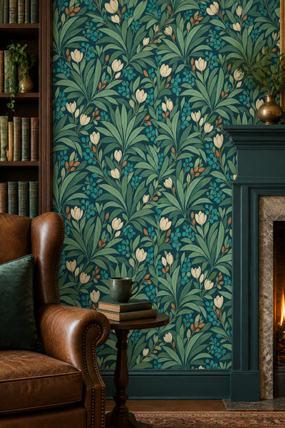 Tropical Leaves And Cream Flowers Wallpaper Muted Green Teal Berries