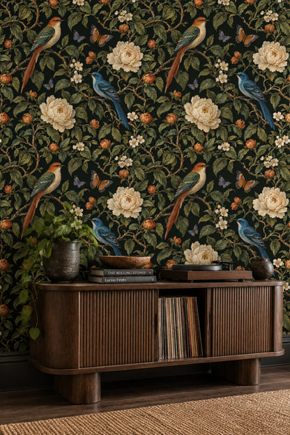 Birds And Cream Blossoms Wallpaper Dark Chinoiserie Botanical