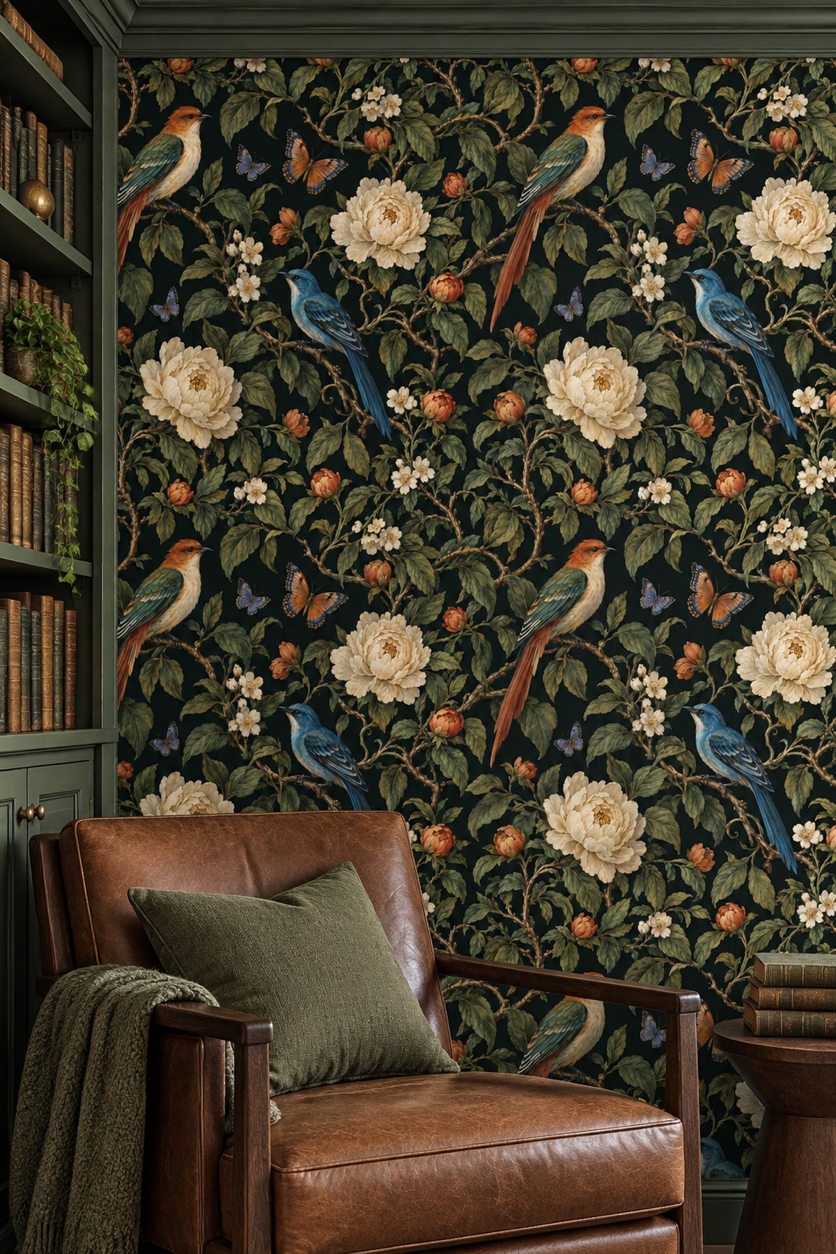 Birds And Cream Blossoms Wallpaper Dark Chinoiserie Botanical
