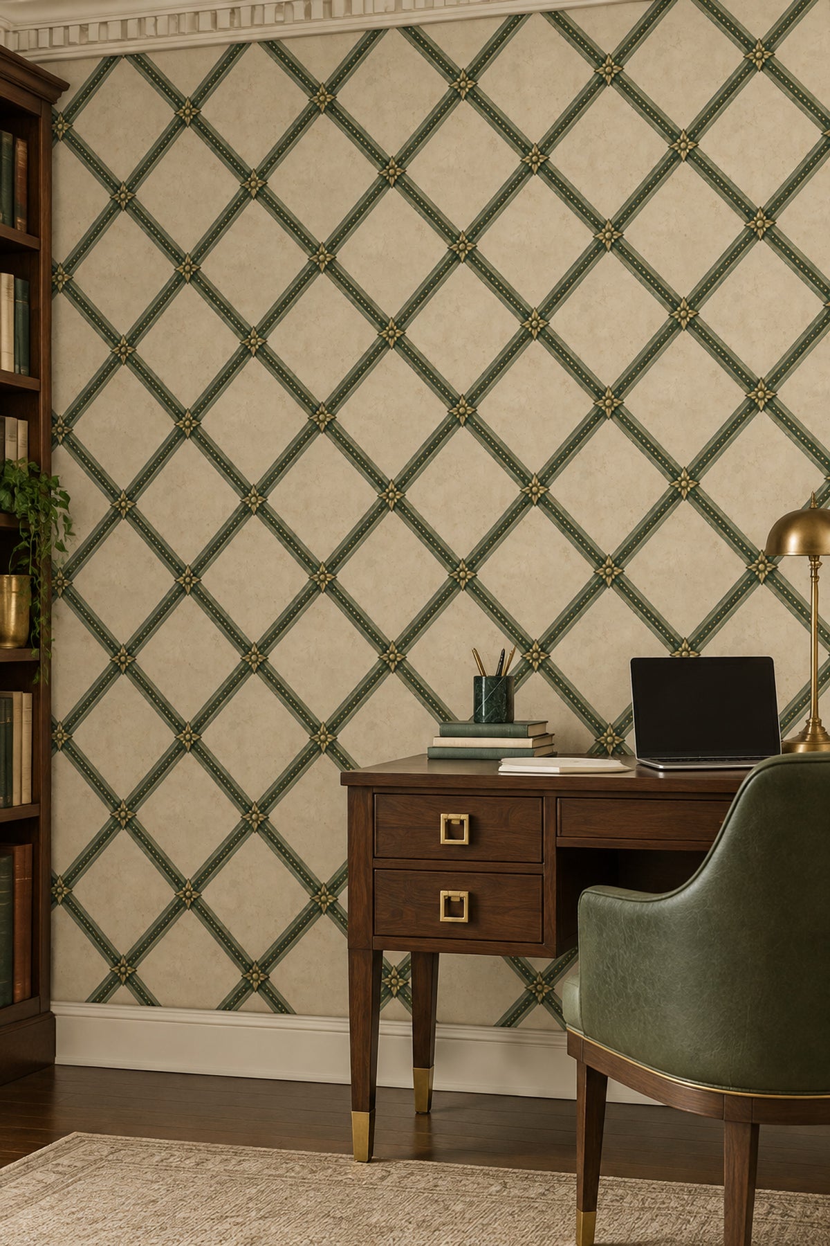 Green Lattice Rosette Wallpaper Muted Green And Gold On Beige Plaster