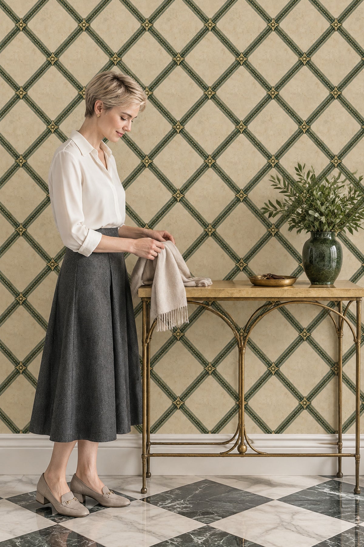 Green Lattice Rosette Wallpaper Muted Green And Gold On Beige Plaster