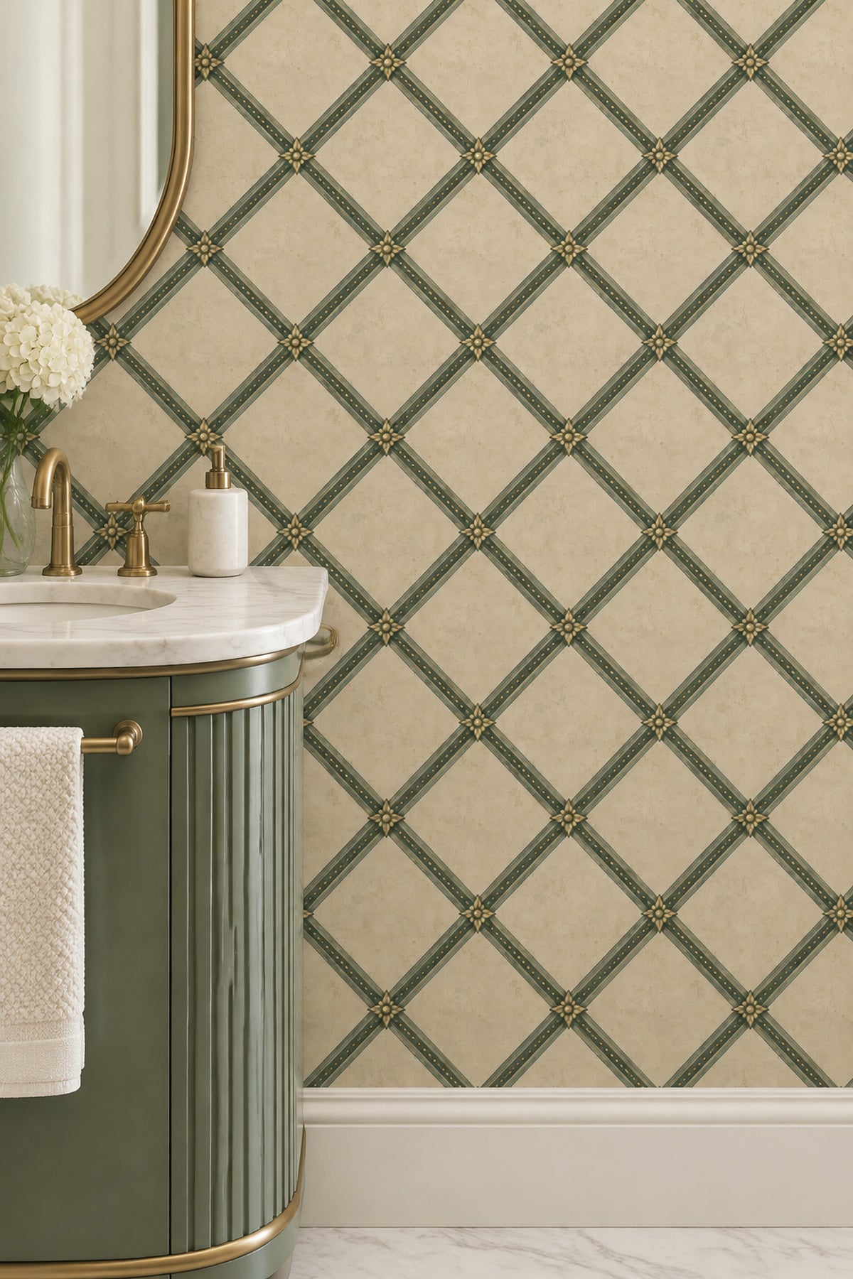 Green Lattice Rosette Wallpaper Muted Green And Gold On Beige Plaster