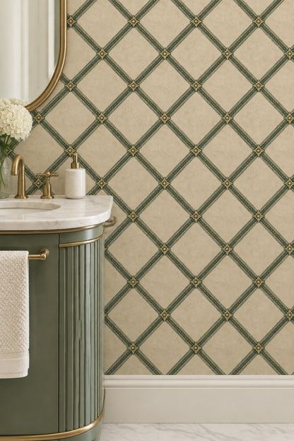 Green Lattice Rosette Wallpaper Muted Green And Gold On Beige Plaster