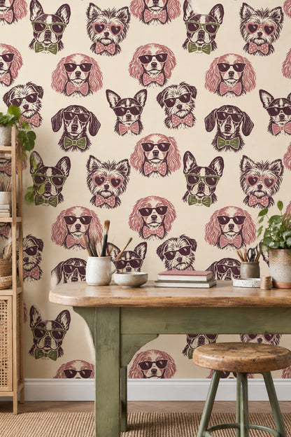 Sunglasses Dogs Wallpaper Retro Portraits On Cream