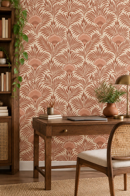Palm Fronds Wallpaper Art Deco Terracotta Botanical Repeat