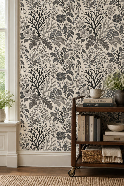 Gray Botanical Floral Wallpaper On Ivory Background