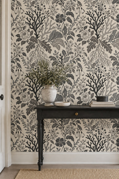 Gray Botanical Floral Wallpaper On Ivory Background