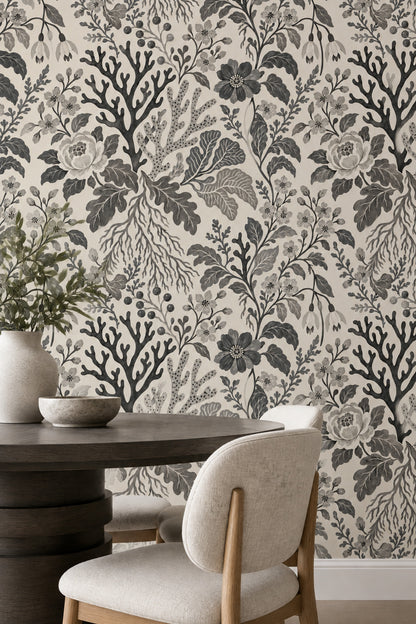 Gray Botanical Floral Wallpaper On Ivory Background
