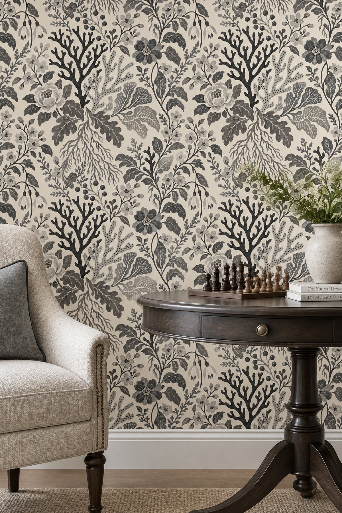 Gray Botanical Floral Wallpaper On Ivory Background