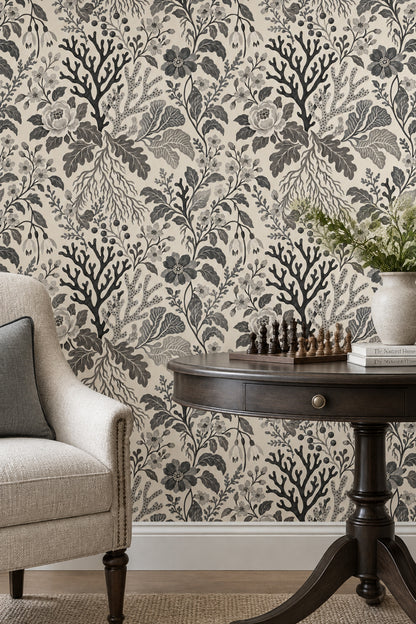 Gray Botanical Floral Wallpaper On Ivory Background