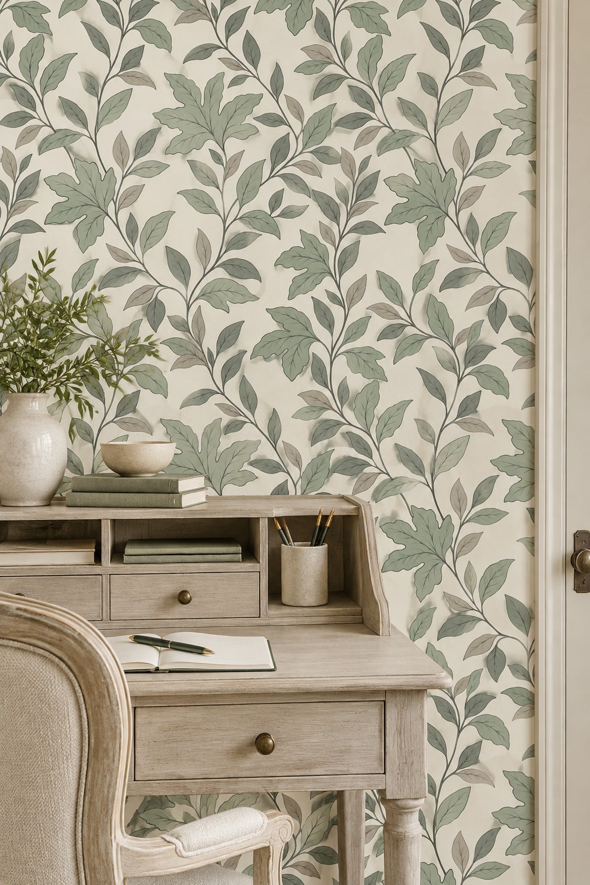 Leafy Vines Wallpaper Sage Green On Cream Background