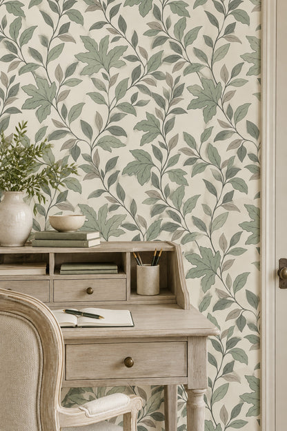 Leafy Vines Wallpaper Sage Green On Cream Background