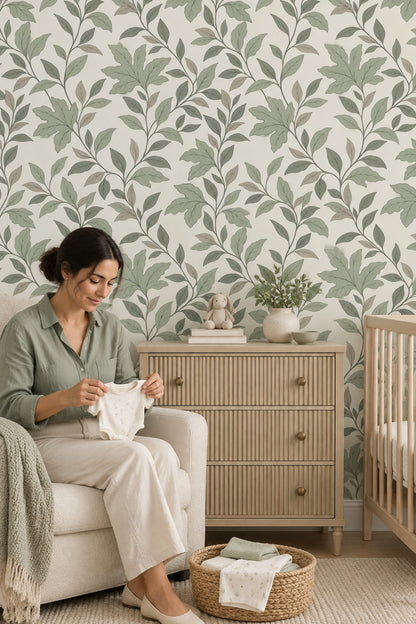 Leafy Vines Wallpaper Sage Green On Cream Background
