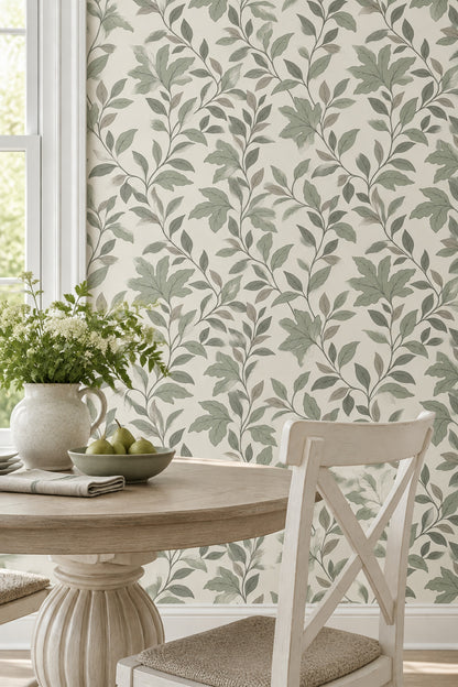 Leafy Vines Wallpaper Sage Green On Cream Background