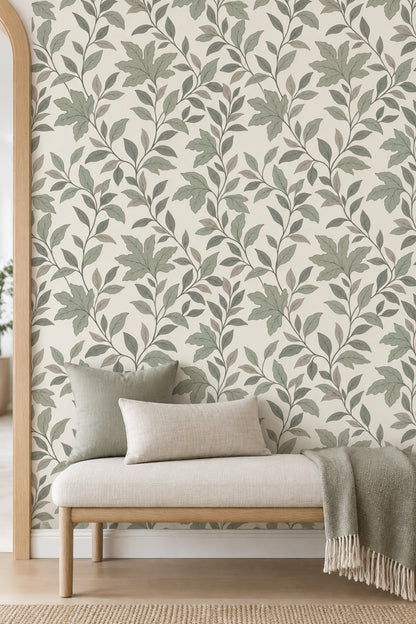 Leafy Vines Wallpaper Sage Green On Cream Background