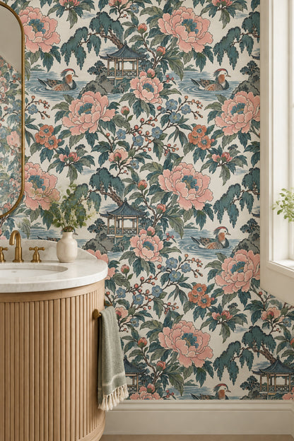 Peonies And Duck Wallpaper Chinoiserie Garden In Cream And Teal