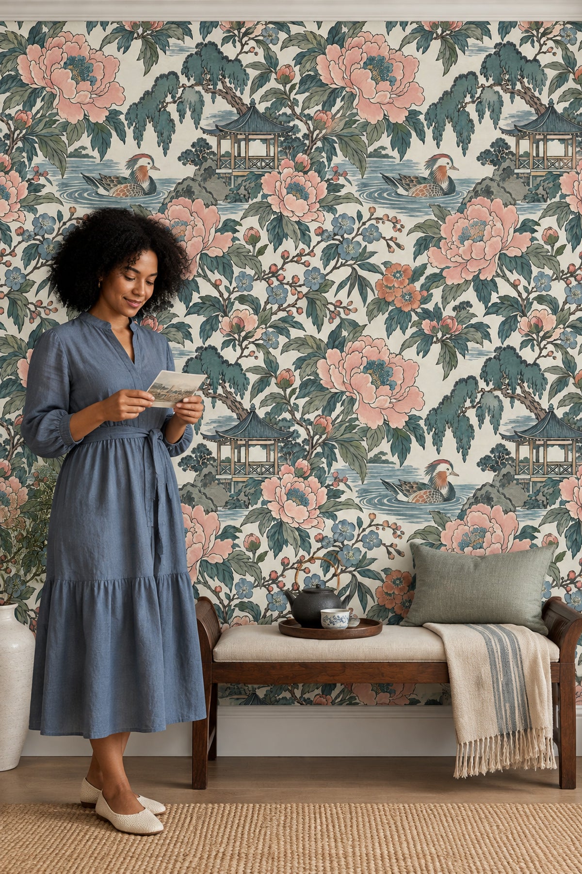 Peonies And Duck Wallpaper Chinoiserie Garden In Cream And Teal