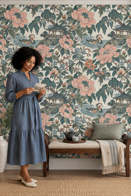 Peonies And Duck Wallpaper Chinoiserie Garden In Cream And Teal