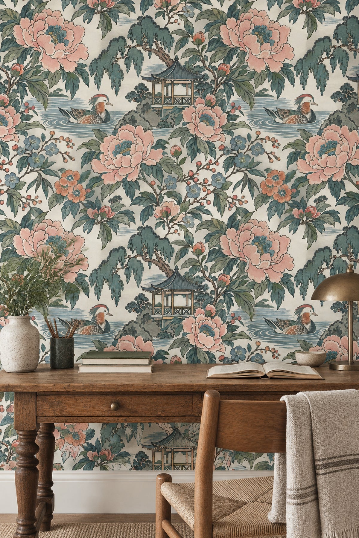 Peonies And Duck Wallpaper Chinoiserie Garden In Cream And Teal