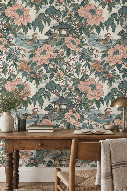 Peonies And Duck Wallpaper Chinoiserie Garden In Cream And Teal