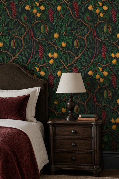 Tropical Bird And Fruit Wallpaper Dark Botanical Illustration