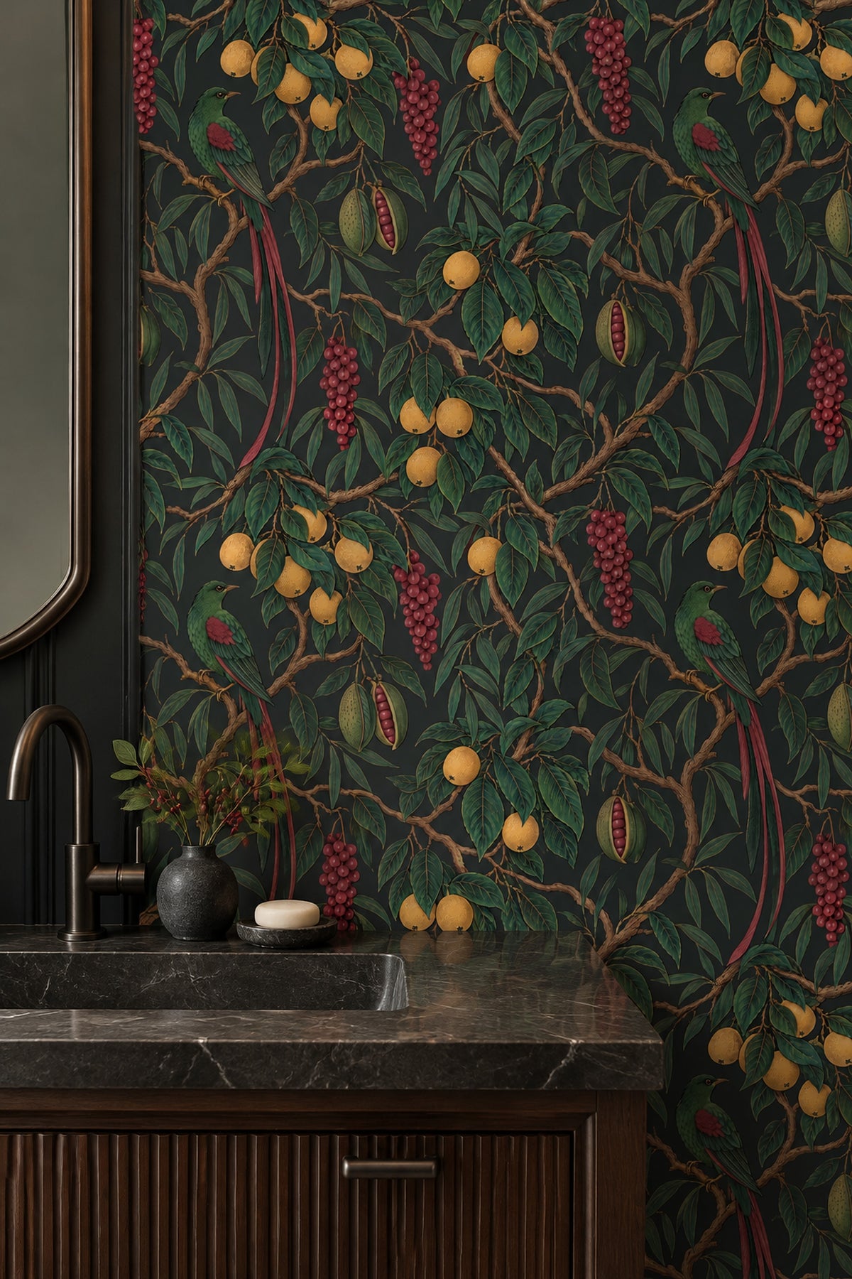 Tropical Bird And Fruit Wallpaper Dark Botanical Illustration