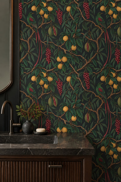 Tropical Bird And Fruit Wallpaper Dark Botanical Illustration