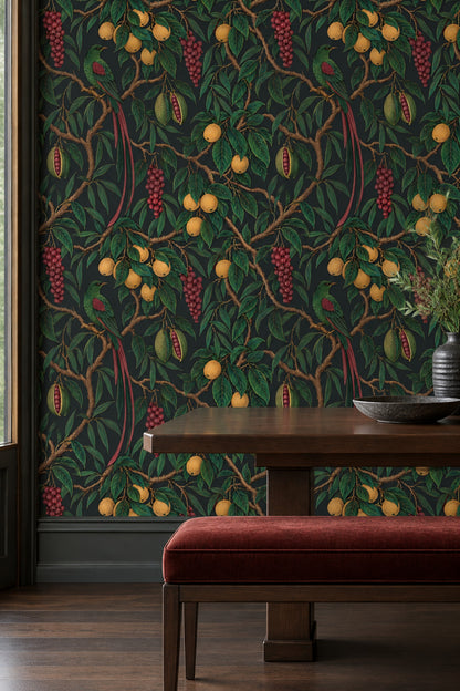 Tropical Bird And Fruit Wallpaper Dark Botanical Illustration