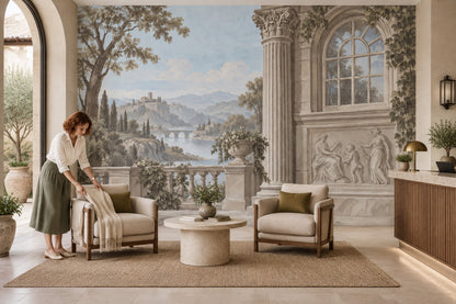 Classical Stone Terrace Landscape Wallpaper Mural Vintage Inspired Fresco Style