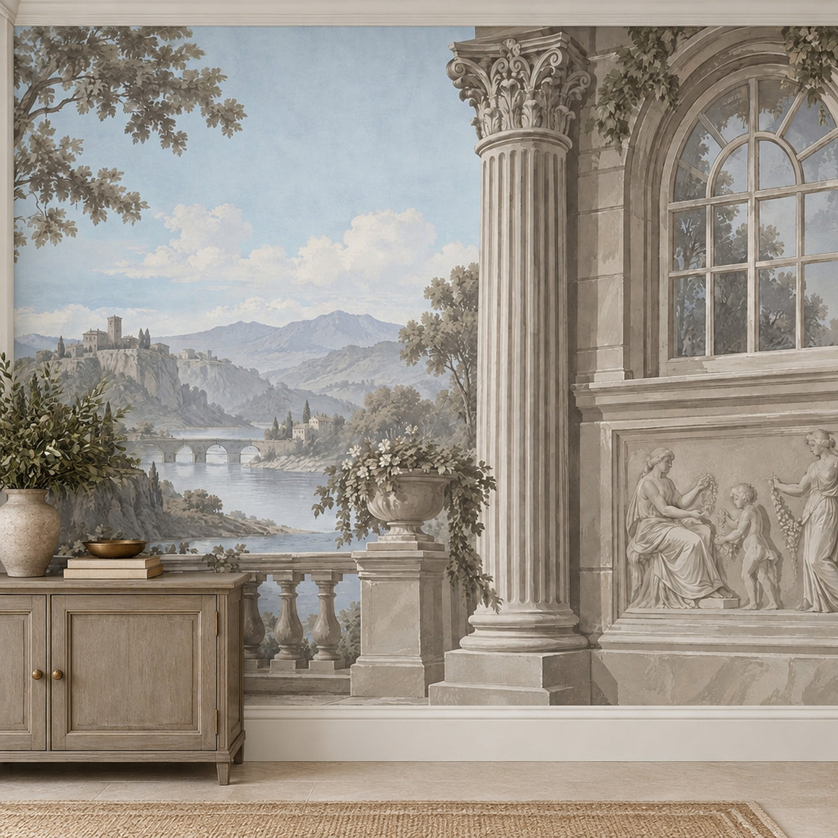 Classical Stone Terrace Landscape Wallpaper Mural Vintage Inspired Fresco Style