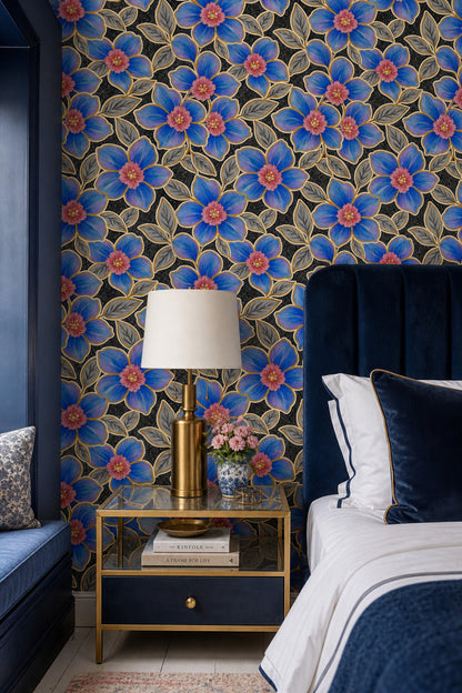 Blue Watercolor Flowers Wallpaper Dark Floral On Black