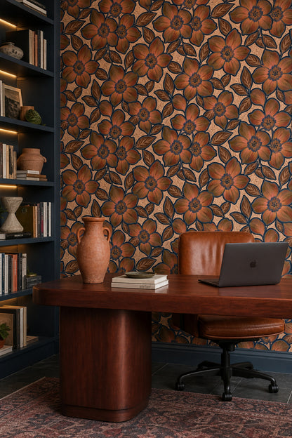 Oversized Floral Wallpaper In Earthy Tones With Navy Outlines