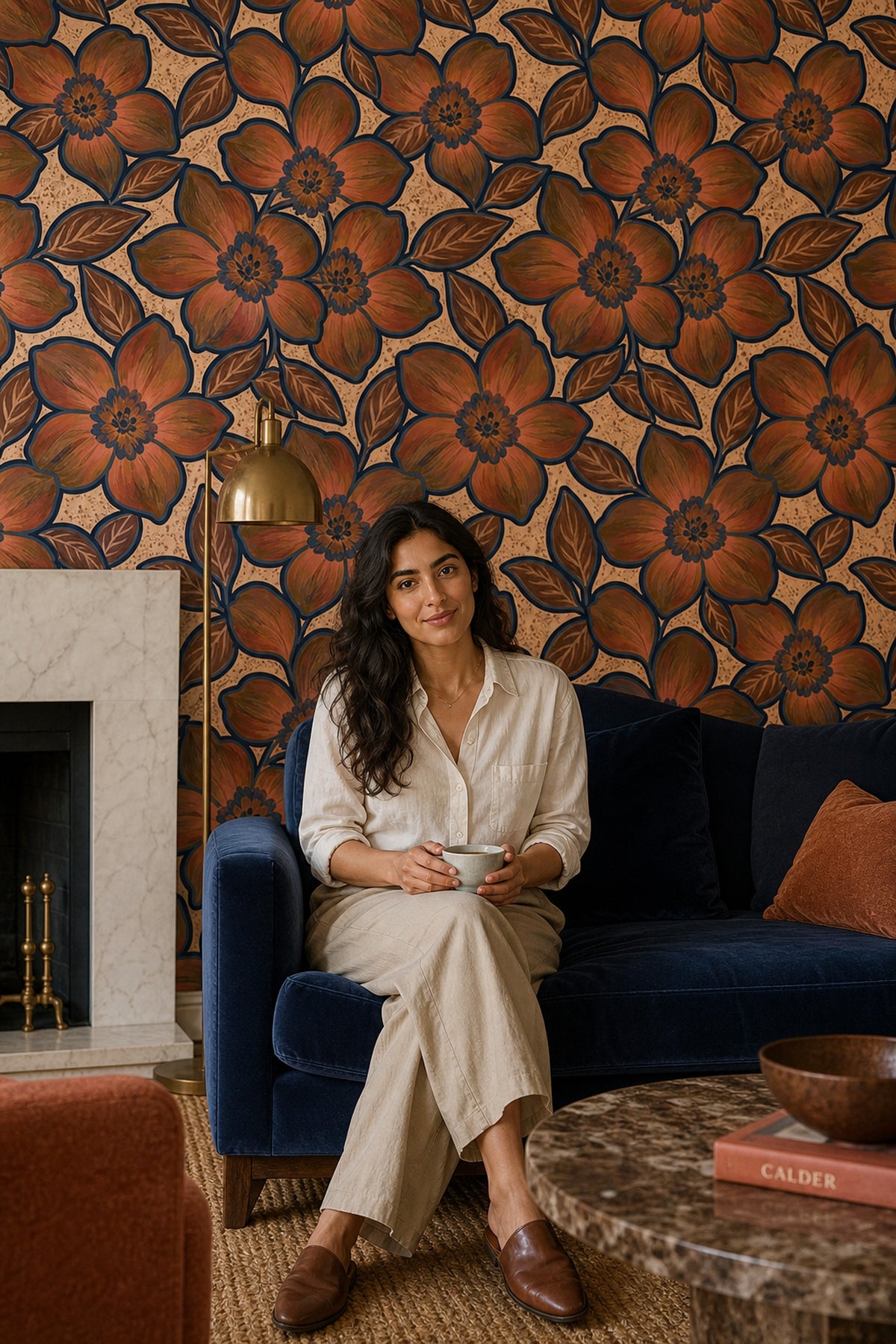 Oversized Floral Wallpaper In Earthy Tones With Navy Outlines
