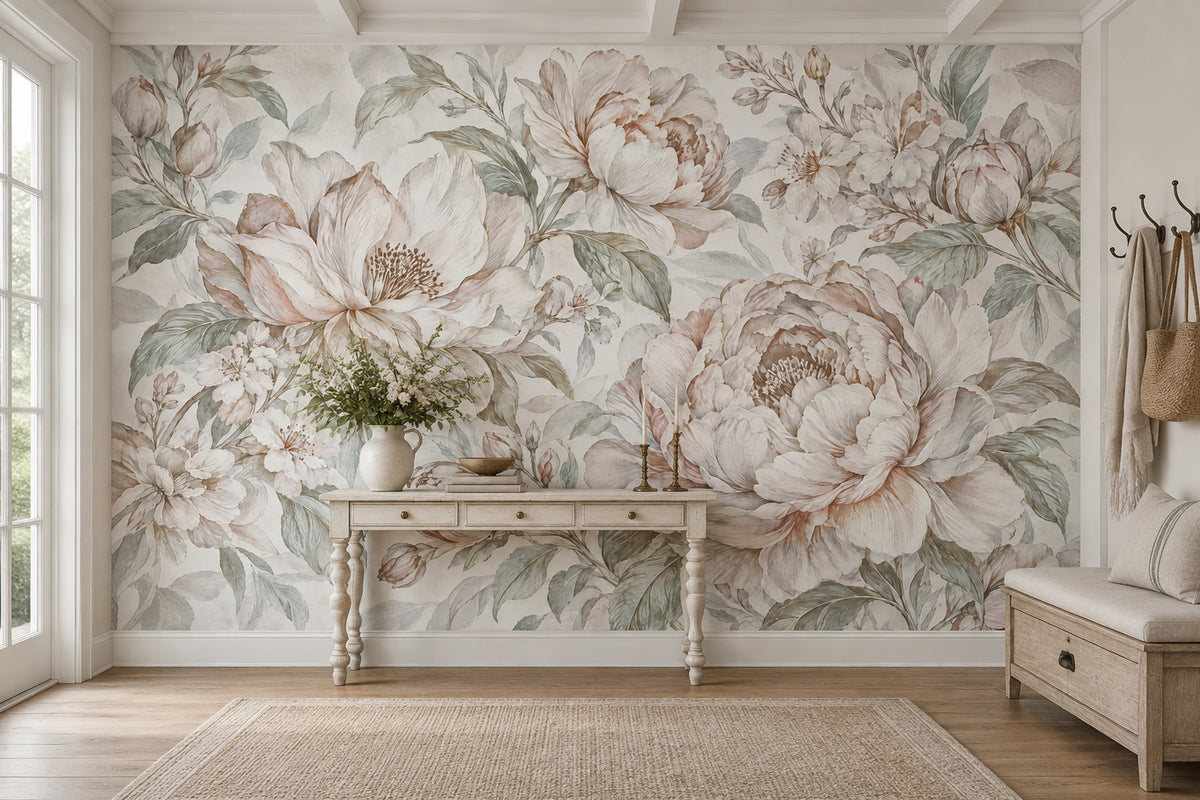 Watercolor Peonies Wallpaper Mural Ivory Background With Soft Sage Leaves
