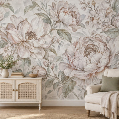 Watercolor Peonies Wallpaper Mural Ivory Background With Soft Sage Leaves