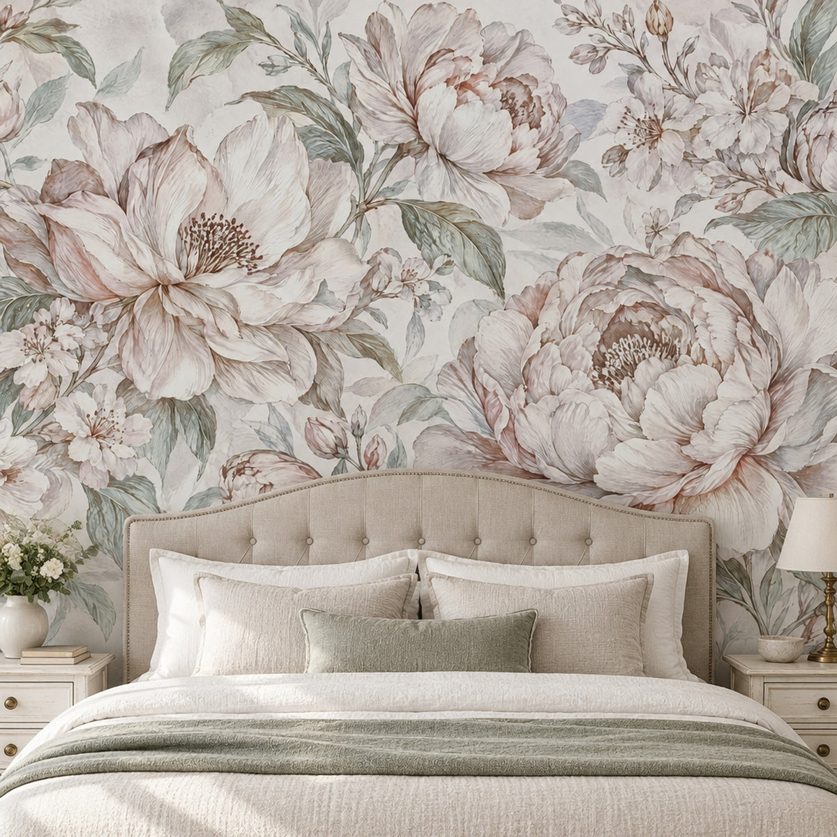 Watercolor Peonies Wallpaper Mural Ivory Background With Soft Sage Leaves