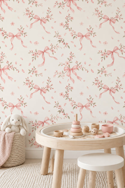 Pink Cherry Blossom Bows Wallpaper Watercolor Pattern On Cream