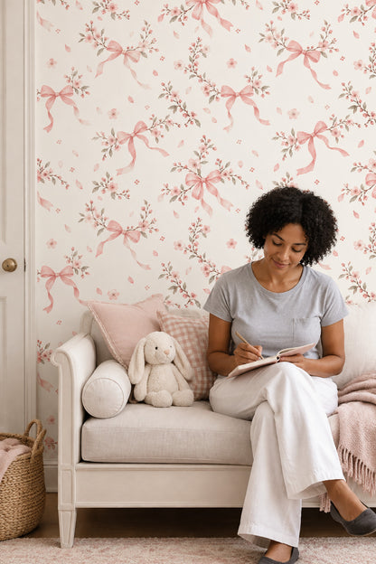Pink Cherry Blossom Bows Wallpaper Watercolor Pattern On Cream