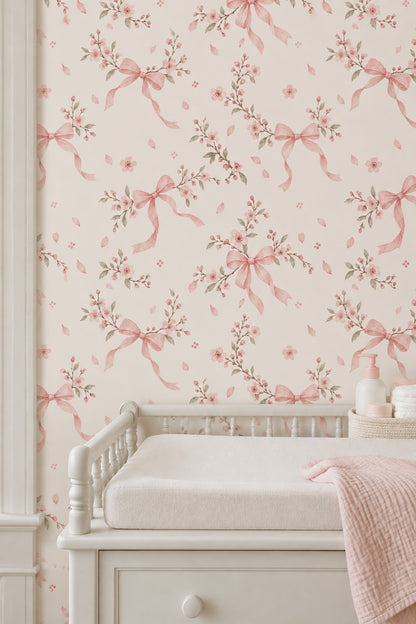Pink Cherry Blossom Bows Wallpaper Watercolor Pattern On Cream